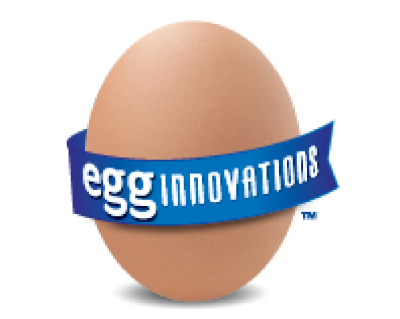 Premium organic brown egg wrapped in blue ribbon displaying Egg Innovations' name